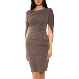 Betsy & Adam Taupe Silver Sparkle Cape Dress Size 4